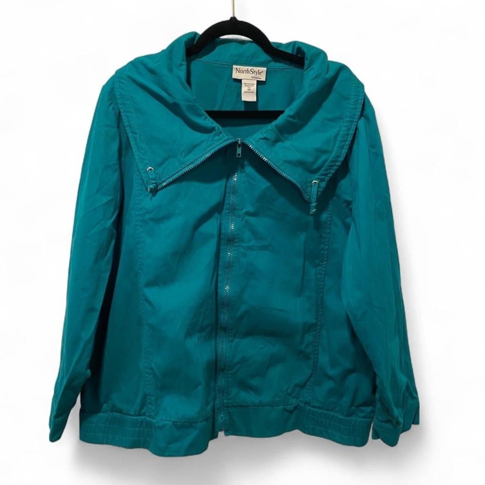 NorthStyle Women's Jacket Size 2X Teal Cotton Windbreaker Full Zip Hooded Casual